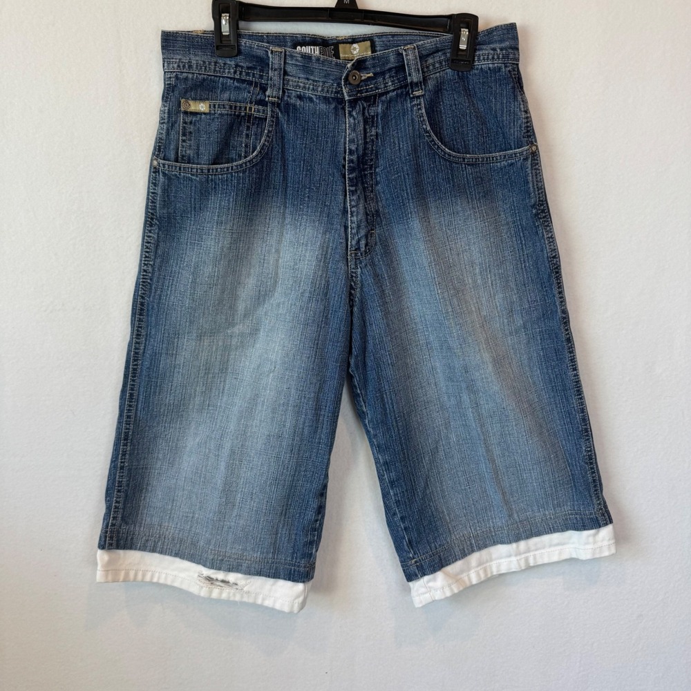 Southpole Mens Denim Shorts 32 Baggy Y2K Skater Blue Faded Layered Hem Wide Leg